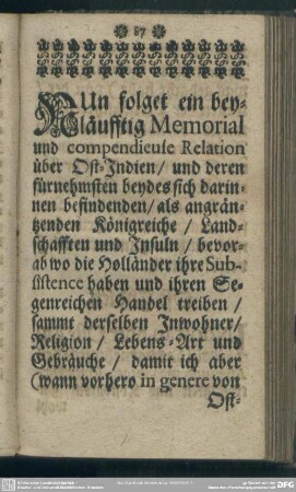 [Memorial und compendieule Relation über Ost-Indien]