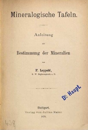 Mineralogische Tafeln : Anleitung zur Bestimmung der Mineralien