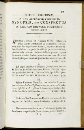 Totius Doctrinæ, in hac Appendice contentæ, Synopsis, seu Conspectus in una continuaque positionum omnium serie.