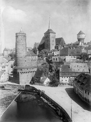 Bautzen, Blick über die Spree auf die Alte Wasserkunst