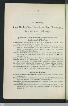 VI. Abteilung. Genossenschaften, Krankenkassen, Innungen, Vereine und Stiftungen