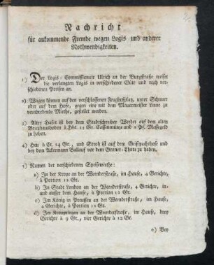 Nachricht für ankommende Fremde wegen Logis und anderer Nothwendigkeiten