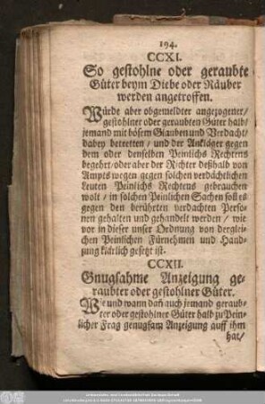 CCXII. Gnugsahme Anzeigung geraubter oder gestohlner Güter.