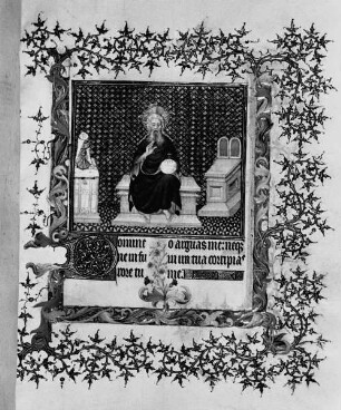 Schmuckseite mit Miniatur: Thronender Gottvater, Abendmahlskelch und Gesetzestafeln, Dornblattbordüre und Initiale D, Folio recto
