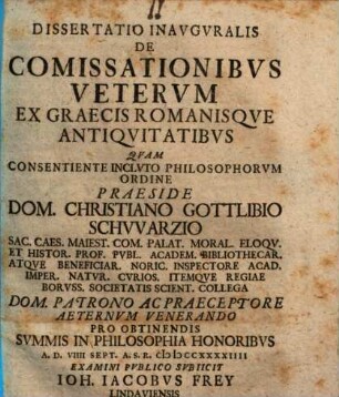 Dissertatio Inavgvralis De Comissationibvs Vetervm : Ex Graecis Romanisqve Antiqvitatibvs