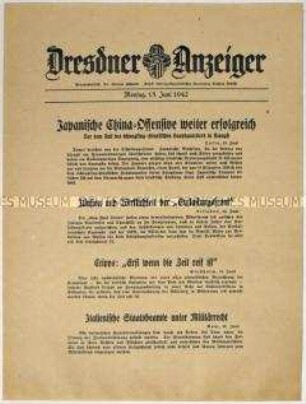 Nachrichtenblatt "Dresdner Anzeiger" u.a. zu japanischen Angriffen auf China