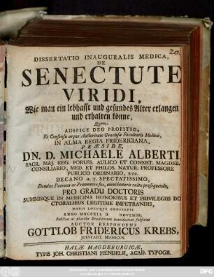 Dissertatio Inauguralis Medica, De Senectute Viridi