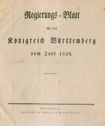 1829: Regierungsblatt für das Königreich Württemberg