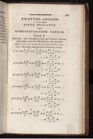 Tafel I. Deivativ- und combinatorisch- gezeichnete Polynomialgrößen und ihrer Beziehung auf einander