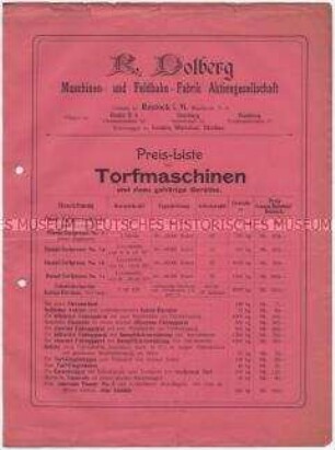 Preis-Liste über Torfmaschinen und dazu gehörige Geräthe.
