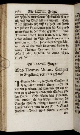 Die LXXVIII. Frage. Was Thomas Morus, Cantzler in Engelland / vor Fata gehabt? - Die LXXXII. Frage. Was der H. Franciscus vor besondere Stücke an sich gehabt habe?