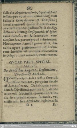 Quoad Part. Special. Lib. IV. De Fructibus Logices, Definitione, Divisione & Methodo