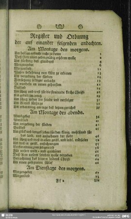 Register und Ordnung der auf einander folgenden andachten