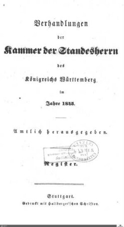 1,10: Landtag Württemberg - Kammer 1, Register, 1845
