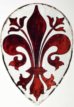 Glasmalerei mit tropfenförmiger Wappenscheibe Lilie