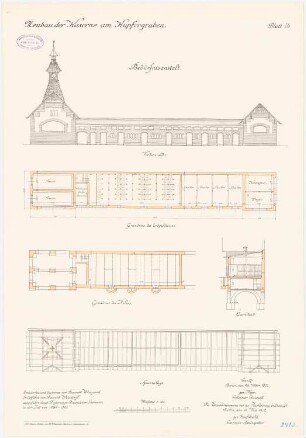 Kaserne Kaiser-Alexander-Gardegrenadier-Regiment (Am Kupfergraben), Berlin: Bedürfnisanstalt: Grundriss Kellergeschoss, Erdgeschoss, Sparrenlage, Querschnitt, Vorderansicht 1:100