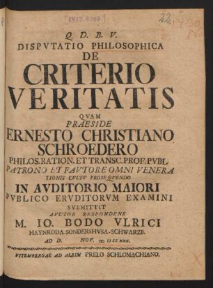 Disputatio Philosophica De Criterio Veritatis