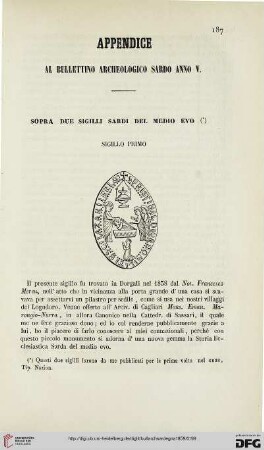 5: Appendice al Bullettino archeologico sardo anno V : sopra due sigilli sardi del medio evo