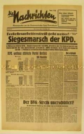 Kommunistische Tageszeitung "Die Nachrichten" u.a. zum BVG-Streik und zum Ergebnis der Reichstagswahl