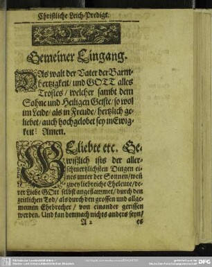 Leichenpredigt : Christliche Leich-Predigt. Gemeiner Eingang. Text. Besonder Eingang. Erklärung.