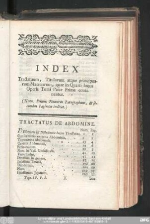 Index Tractatuum, Titulorum atque praecipuarum Materiarum, quae in Quarti huius Operis Tomi Parte Prima continentur.