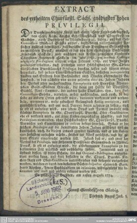 Extract des ertheilten Churfürstl. Sächs. gnädigsten hohen Priviliegii