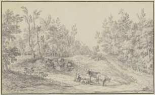 Waldlichtung, im Vordergrund drei Kühe und zwei Schafe
