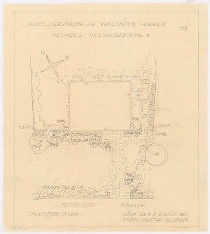 Gartenanlagen und Gärten Wohngebiet Burgfeld, Neviges: Bepflanzungsplan für den Vorgarten Wagner, Pestalozzistr. 5: Grundriss 1:100