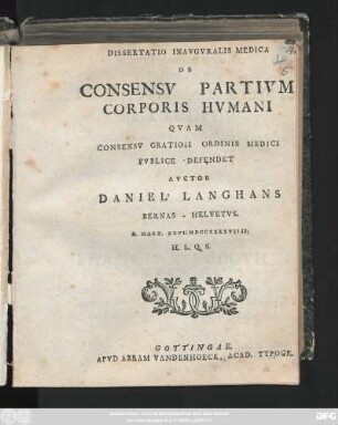 Dissertatio Inavgvralis Medica De Consensv Partivm Corporis Hvmani