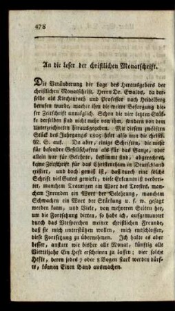 An die Leser der christlichen Monatsschrift