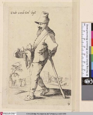 [Ein Hausierer lehnt auf einem Stock; Standing peddlar in right profile leaning on a stick]