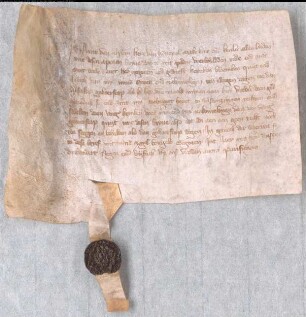 Graf von Alpen entlässt Heynken Bloemken aus der Wachszinsigkeit. Gegeven 1359 up onser vrouwen avont purificatio. Siegel abhängend, gut erhalten.