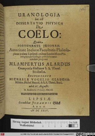 Uranologia hoc est Dissertatio Physica De Coelo