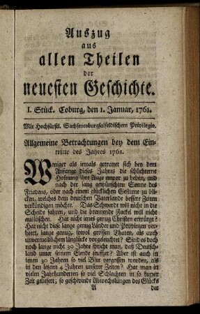 I. Stück. Coburg, den 1. Januar, 1761.