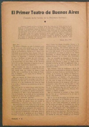 El Primer Teatro de Buenos Aires : (Tomado de la Revista de la Biblioteca Nacional)