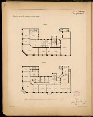 Wohn- und Geschäftshaus für die Fa. Faber, Berlin Monatskonkurrenz Januar 1882: Grundriss 1. und 2. Obergeschoss 1:150; Maßstabsleiste