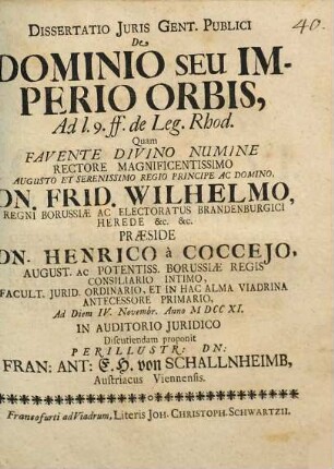 Dissertatio Juris Gent. Publici De Dominio Seu Imperio Orbis : Ad l. 9. ff. de Leg. Rhod.