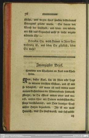 Zwanzigster Brief. Henriette von Thalheim an Karl von Thalheim