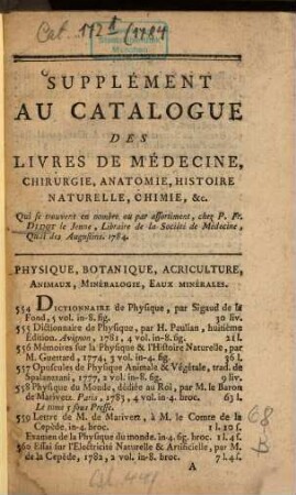 Catalogue des livres. 1784. Supplément au catalogue des livres de médecine ... - 35 S.