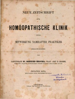 Neue Zeitschrift für homöopathische Klinik. 12 = Bd. 16. 1867