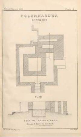 Plate 11. Polonnaruwa. Shrine No. 11. Plan. Section through A.B.C.D.