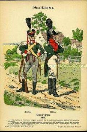 Uniformdarstellung, Sappeur und Offizier des Ingenieur-Korps, Königreich Sachsen, 1810.