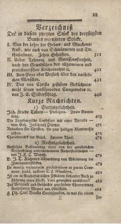 Verzeichniß Der in diesem zweyten Stück des dreyßigsten Bandes recensirten Stücke.