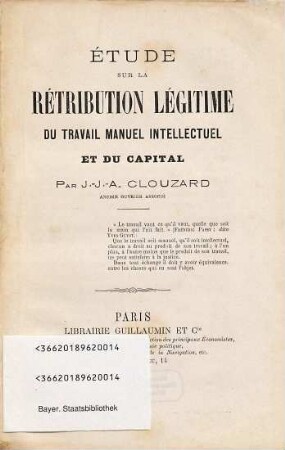 Étude sur la rétribution légitime du travail manuel, intellectuel, et du capital