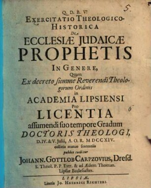 Exercitatio Theologico-Historica De Ecclesiae Judaicae Prophetis In Genere
