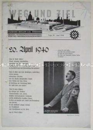 Betriebszeitung der Clemens Müller A.G. Dresden "Weg und Ziel" u.a. zum Geburtstag von Hitler