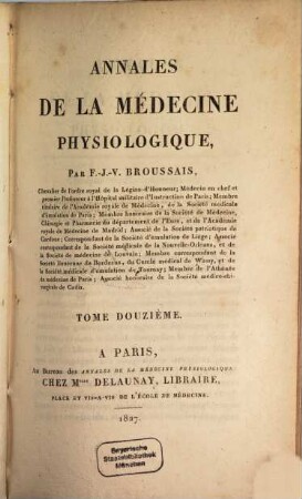 Annales de la médecine physiologique, 12. 1827