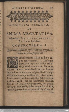Disputatio Secunda, De Anima Vegetativa