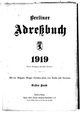 Berliner Adreßbuch 1919 Erster Band
