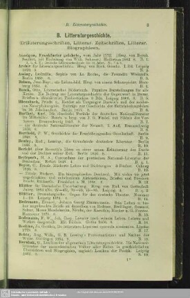 B. Litteraturgeschichte : Erläuterungsschriften, Litterar. Zeitschriften, Litterar. Biographieen